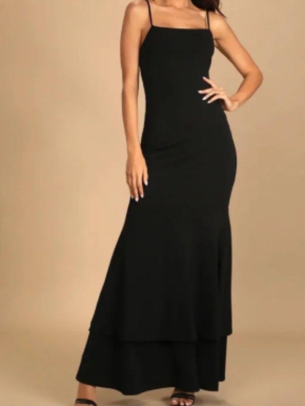 Lulus tiered black satin maxi dress